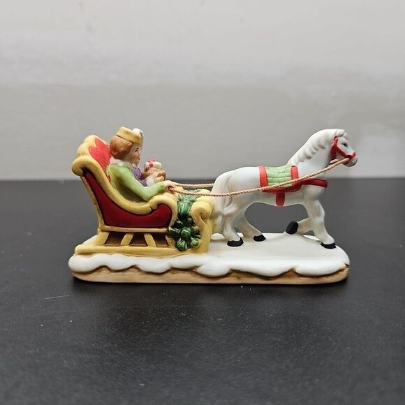 Vtg Lefton Colonial Village Ceramic Horse-Sleigh Mother Daughter Outing 06460 - Picture 5 of 7